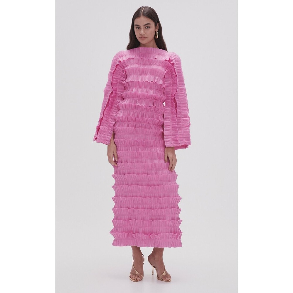 Aje Palladium Ruffle lng sleeve Midi Dress Pink US 12 Statement Bright Nightlife